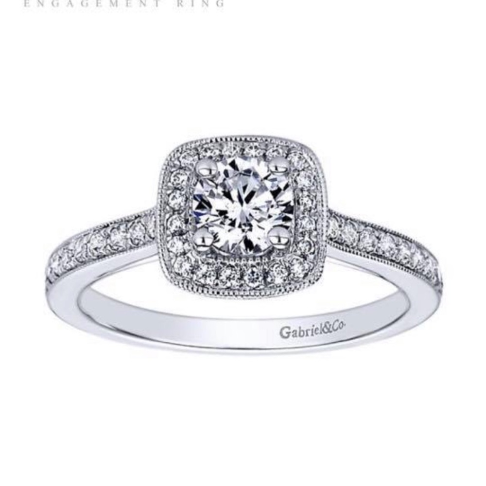 Gabriel and Company halo wedding ring set.